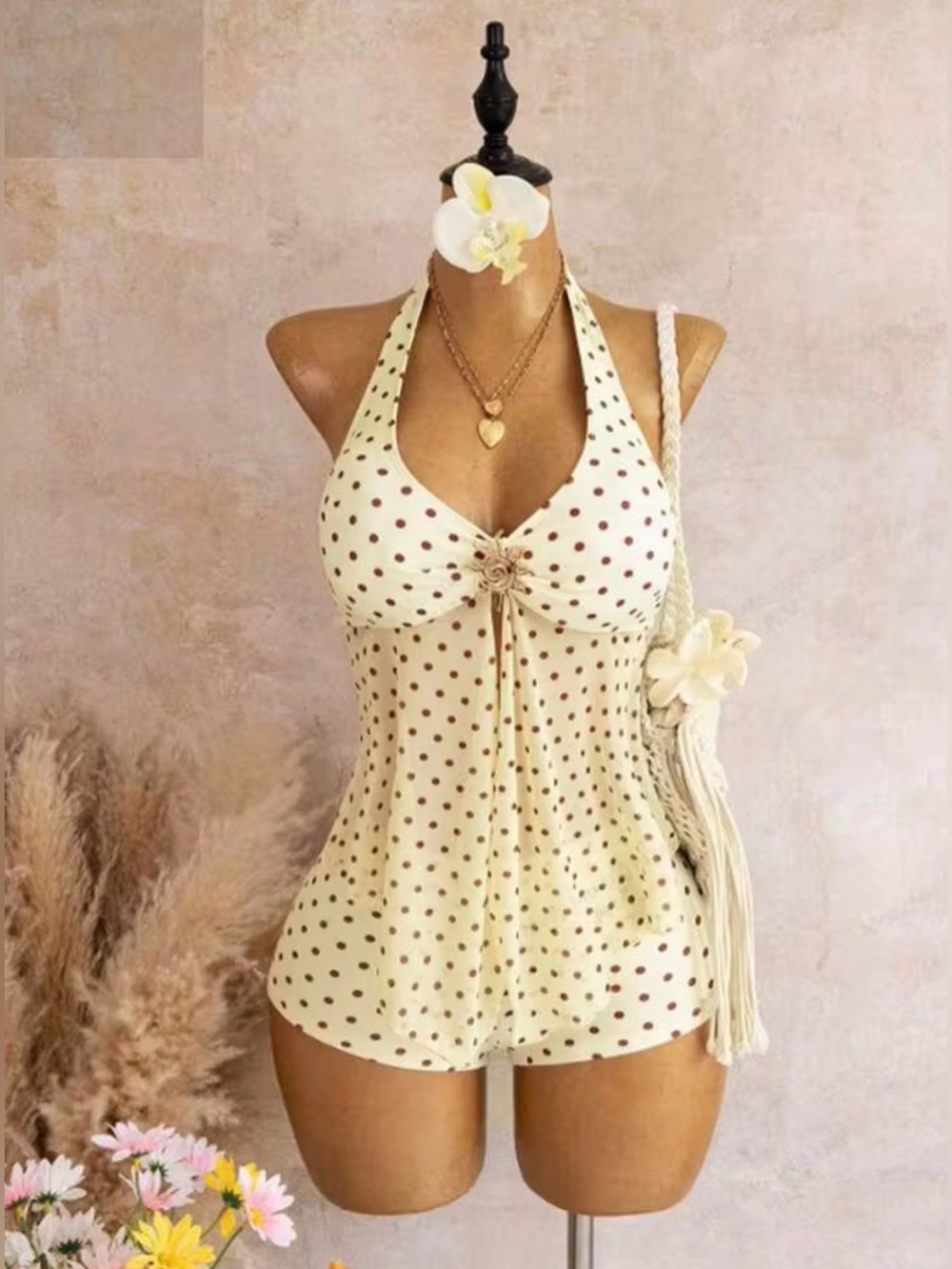 SHEIN Polka Dot Metallic Decor Halter Tankini And Shorts 
Swimwear Set